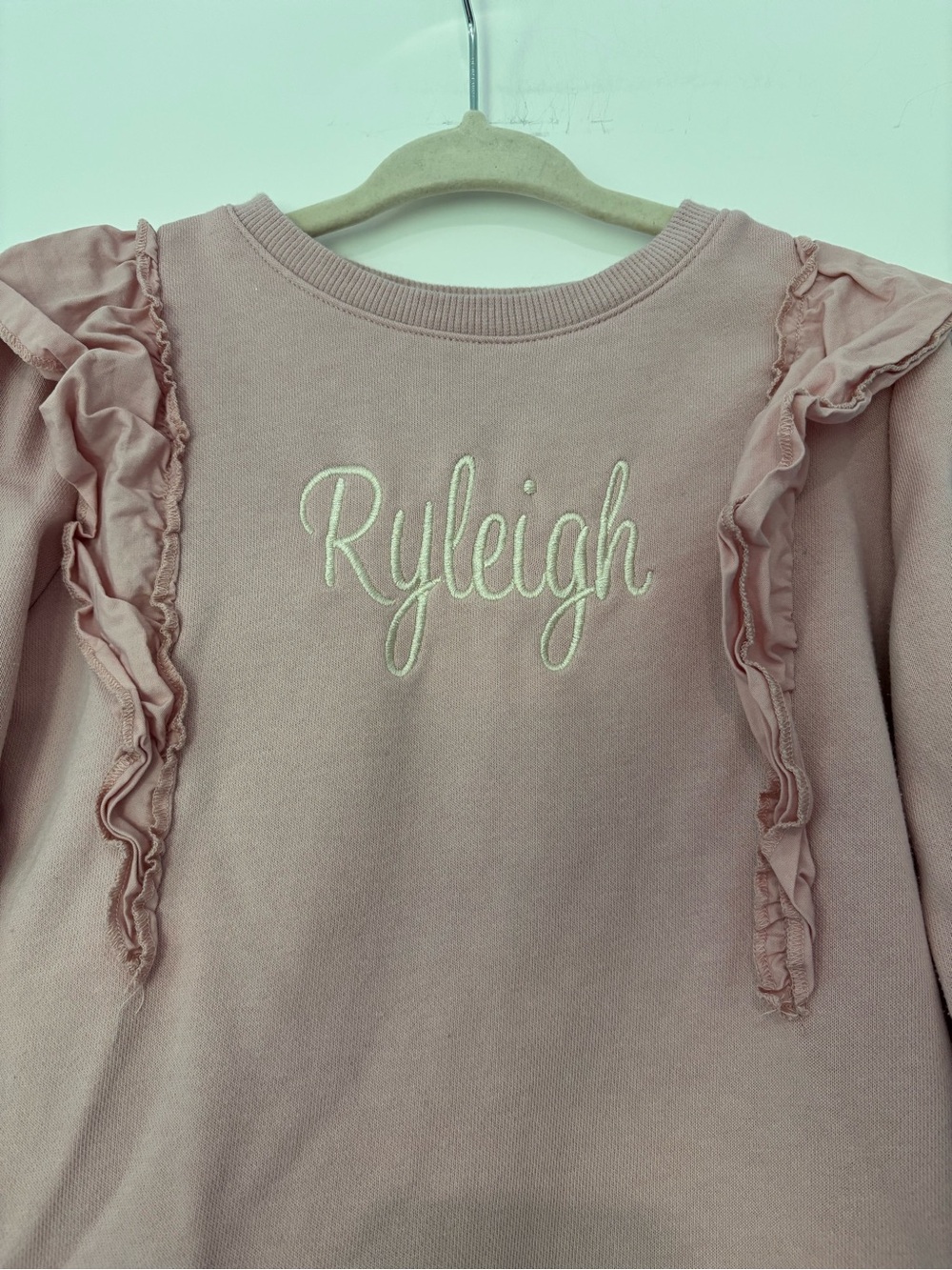 H&M Pink Ruffle Sweatshirt Dress Embroidered “Ryleigh” Size 3/4T - Picture 3 of 4